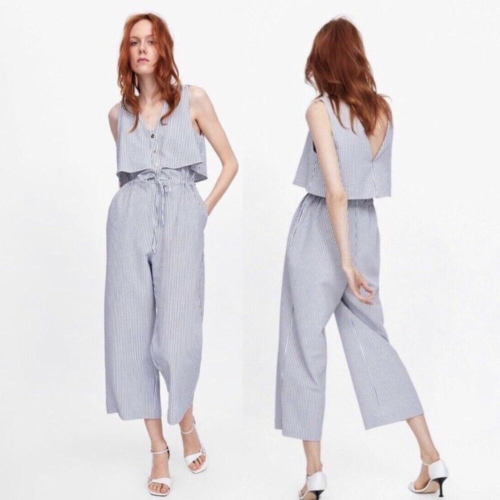 Zara Womens Blue Striped V-Neck Sleeveless Drawstring One-Piece Jumpsuit Sz M